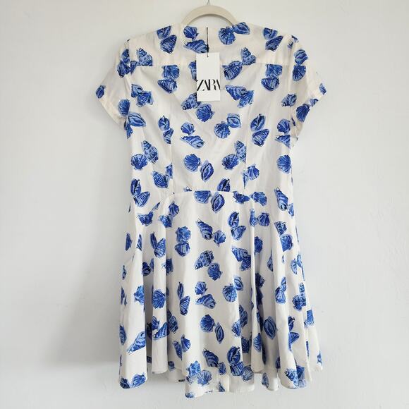 Zara White & Blue 100% Cotton Seashell Print Dress Button Down Fit & Flare Large - Picture 7 of 11
